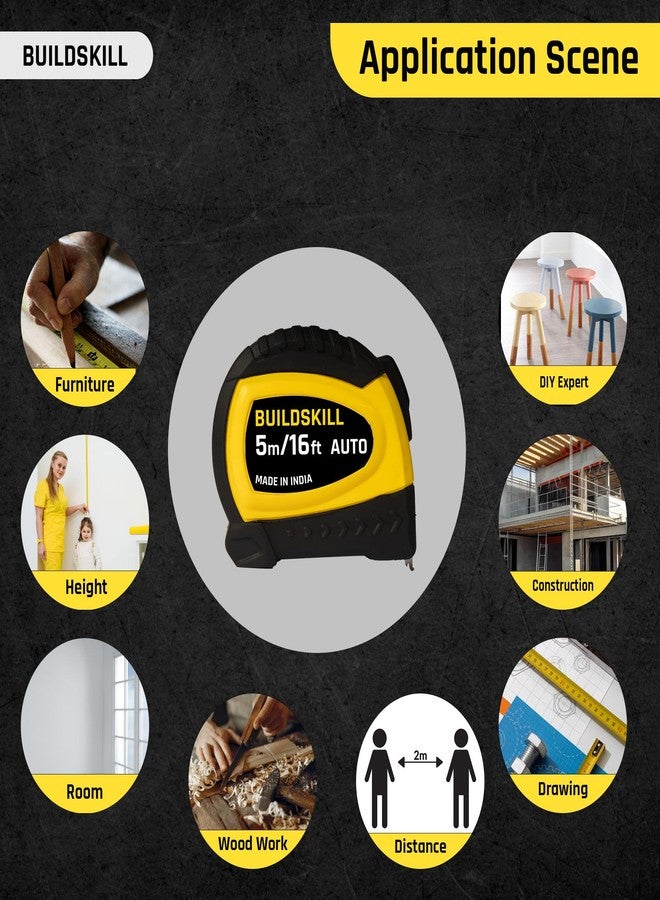 BUILDSKILL شريط قياس BUILDSKILL بطول 5 أمتار مع قفل تلقائي | شفرة فولاذية | مقبض TPR مانع للانزلاق | علامات واضحة | عرض 16 مم | حزام يد | غلاف ABS غير قابل للكسر | سحب بضغطة واحدة | مشبك حزام | شريط قياس بطول 16 قدمًا/بوصة - Image 3